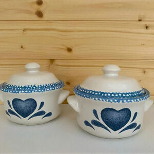 Vintage Stoneware Blue Heart Covered Soup Crock with Handles Set of 2 Farmhouse